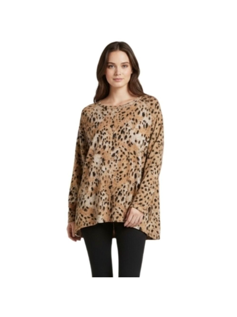 Leopard Print Sweater Women's 1X Soft Knit Long Sleeve Asymmetrical Hem